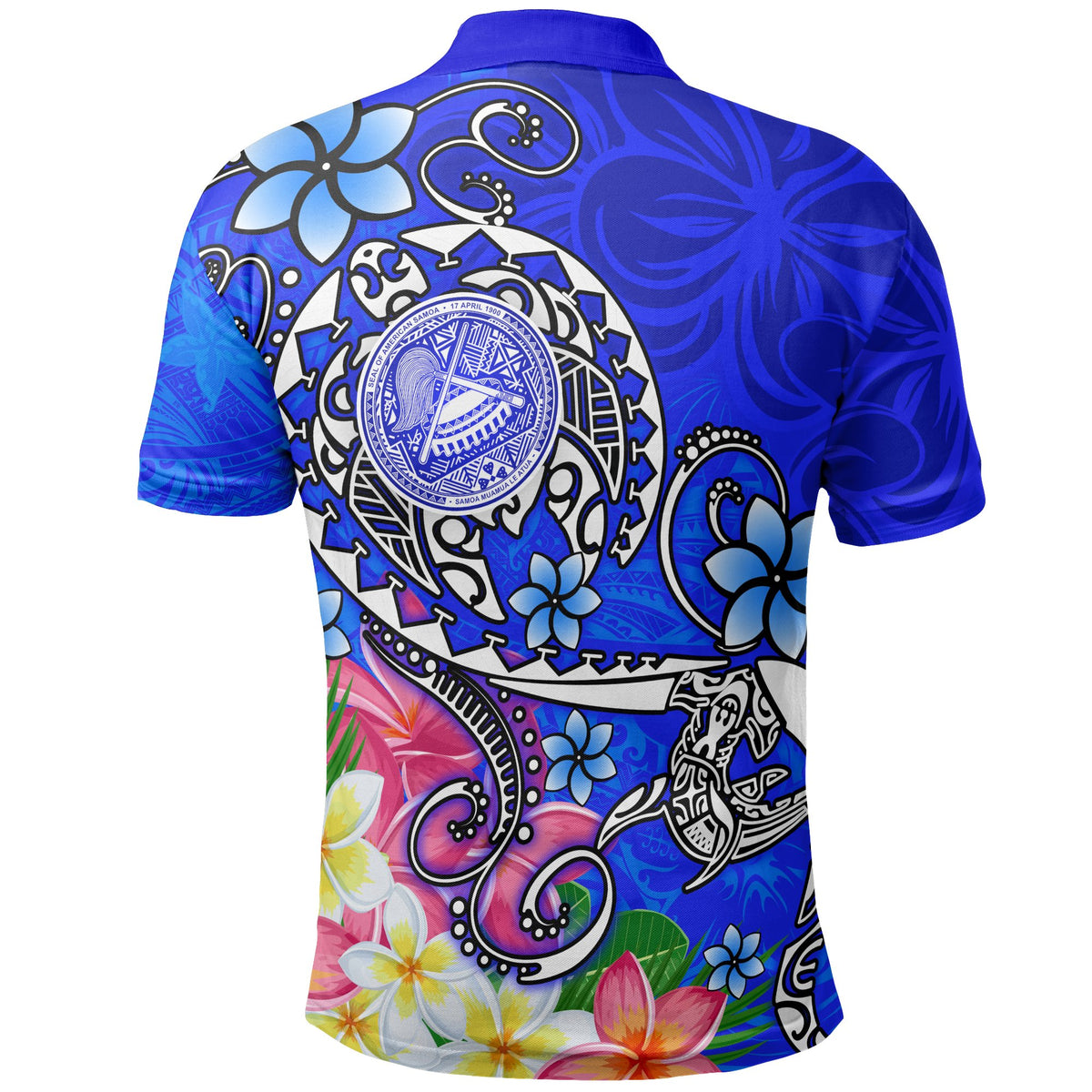 American Samoa Polynesian Polo Shirt Turtle Plumeria (Blue) - Polynesian Pride