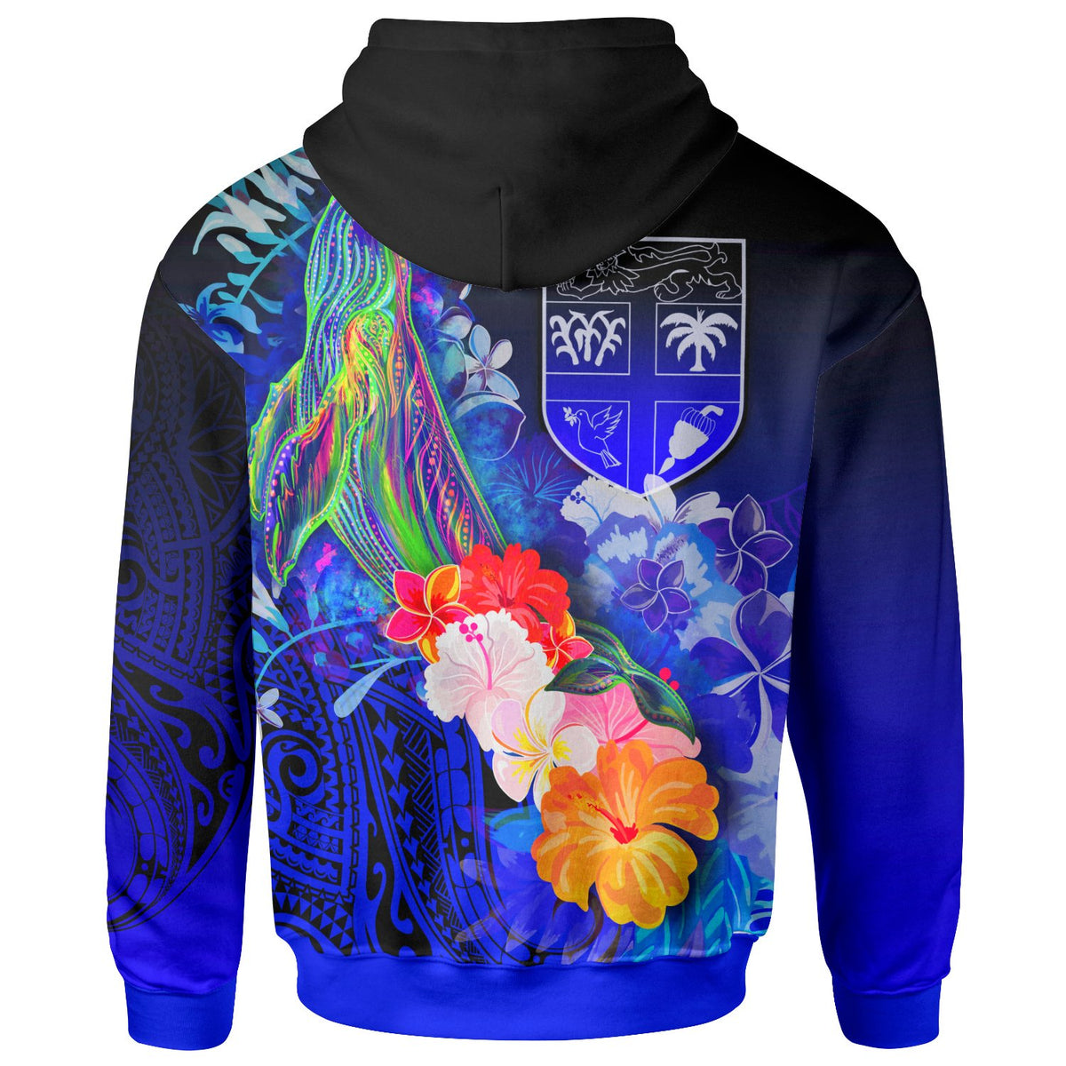 Fiji Zip up Hoodie Humpback Whale with Tropical Flowers (Blue) - Polynesian Pride