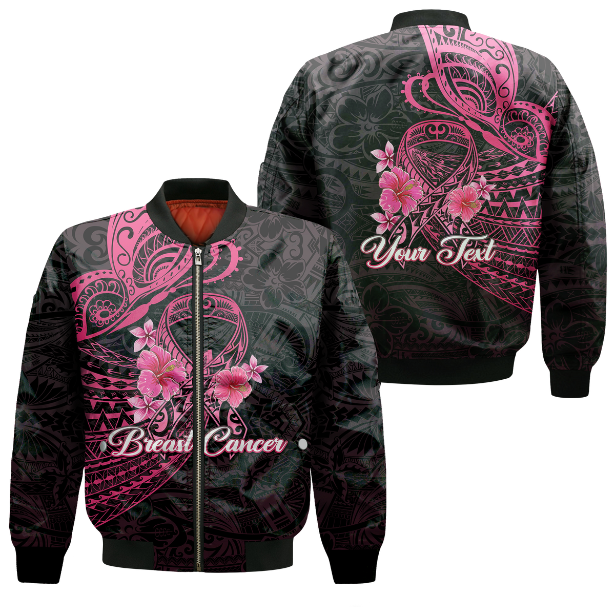 (Custom Personalised) Breast Cancer Pink Ribbon Butterfly Polynesian Black Version Bomber Jacket - LT12 Bomber Jacket Black - Polynesian Pride