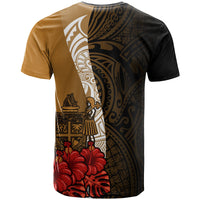 Fiji Polynesian Custom T Shirt Coat of Arms With Hibiscus Gold - Polynesian Pride