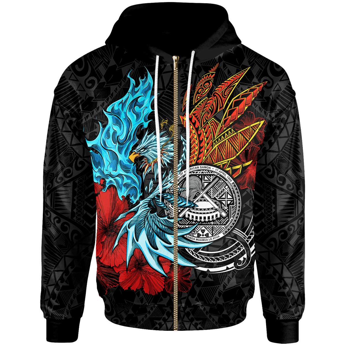 American Samoa Zip up Hoodie Polyensian Eagle Unisex Black - Polynesian Pride