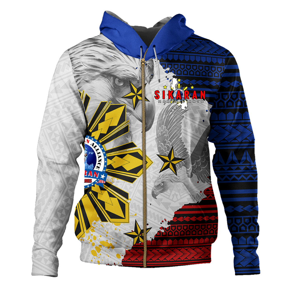 Sikaran Philippines Hoodie Eagles Filipino Sun Flag Grunge Style Zip Hoodie Blue - Polynesian Pride