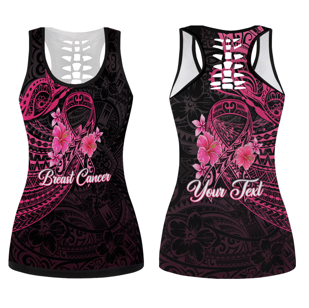 (Custom Personalised) Breast Cancer Pink Ribbon Butterfly Polynesian Black Version Hollow Tank Top - LT12 Female Black - Polynesian Pride