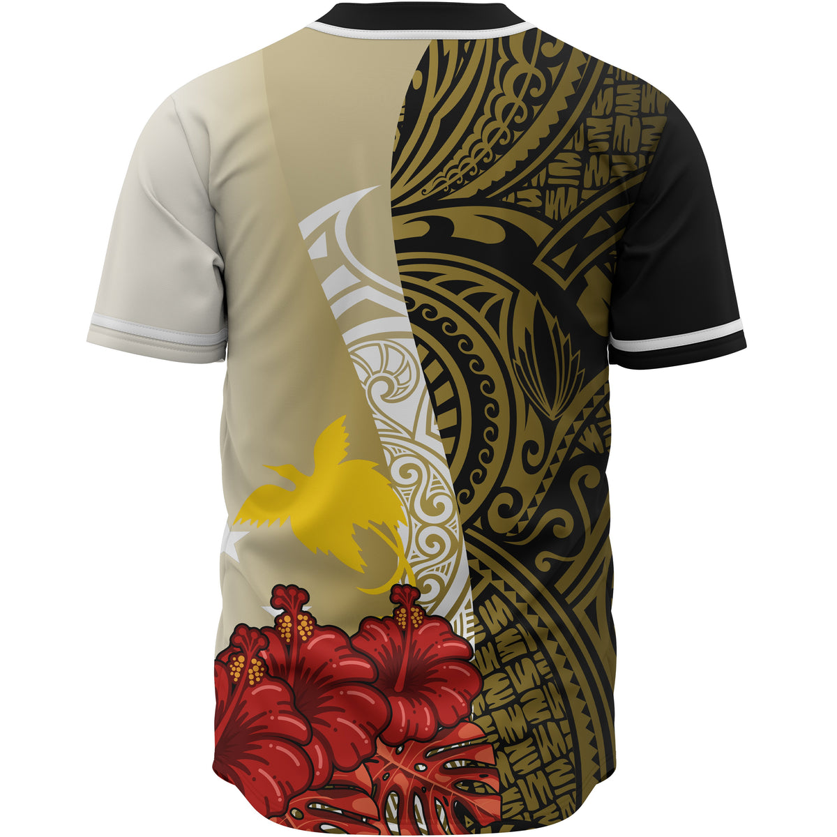 Papua New Guinea Polynesian Custom Personalised Baseball Shirt - Coat Of Arm With Hibiscus Gold - Polynesian Pride