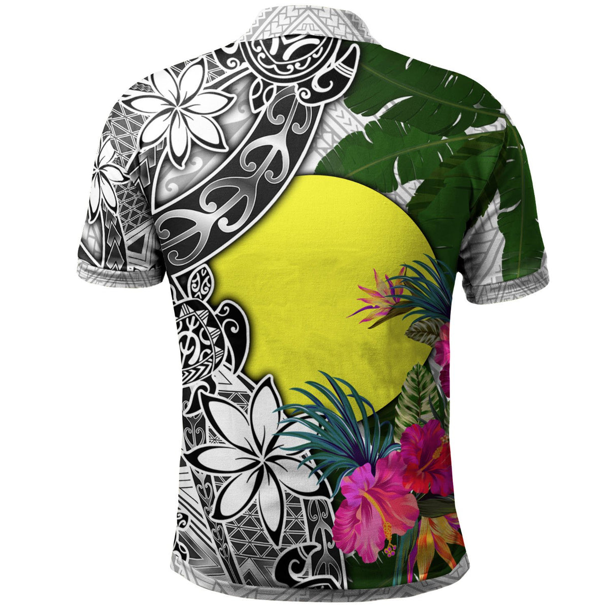 Palau Polo Shirt White Turtle Plumeria Banana Leaf - Polynesian Pride