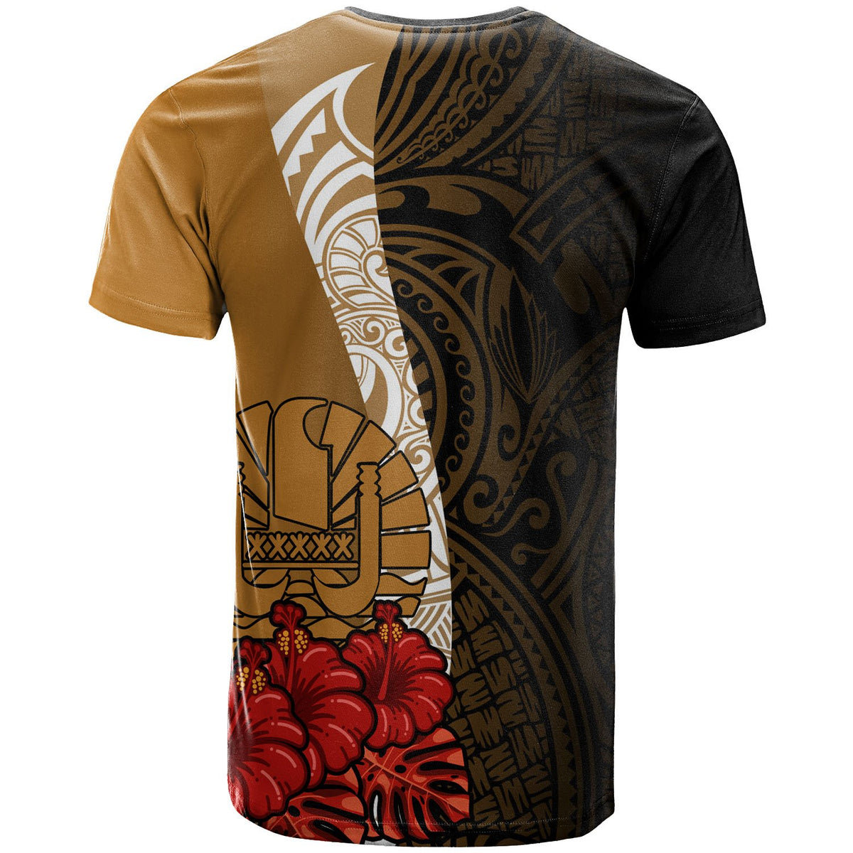 Tahiti Polynesian T Shirt Coat of Arms With Hibiscus Gold - Polynesian Pride