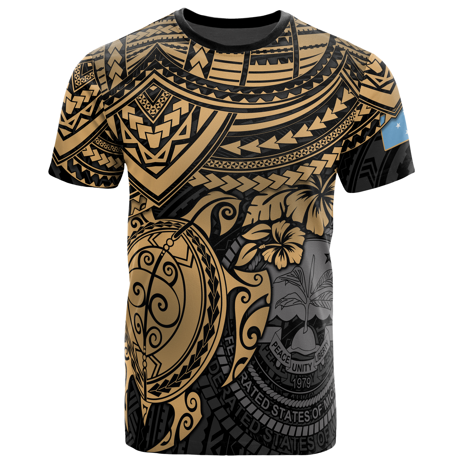 Federated States of Micronesia T Shirt F S M Seal Golden Turtle Hibiscus Unisex BLACK - Polynesian Pride