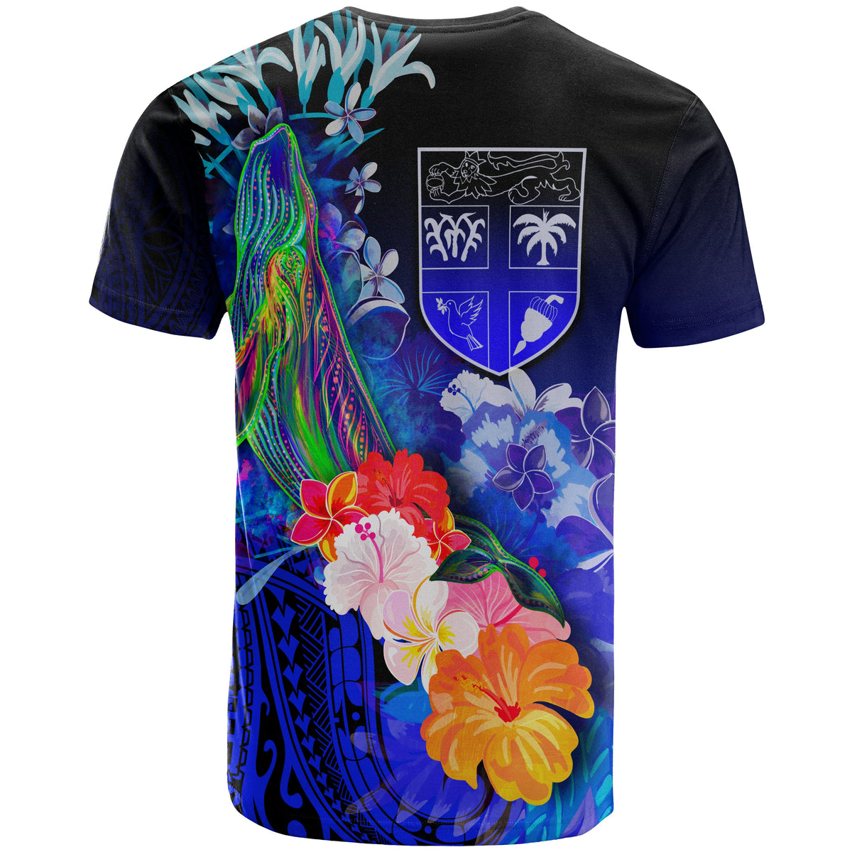 Fiji T Shirt Humpback Whale with Tropical Flowers (Blue) - Polynesian Pride