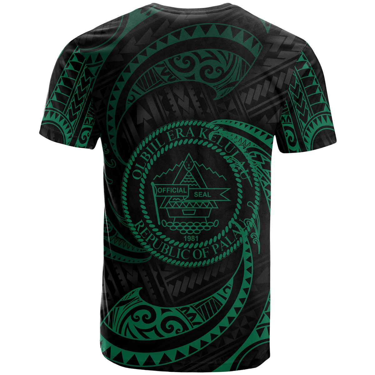 Palau Polynesian All Over T Shirt Green Tribal Wave - Polynesian Pride