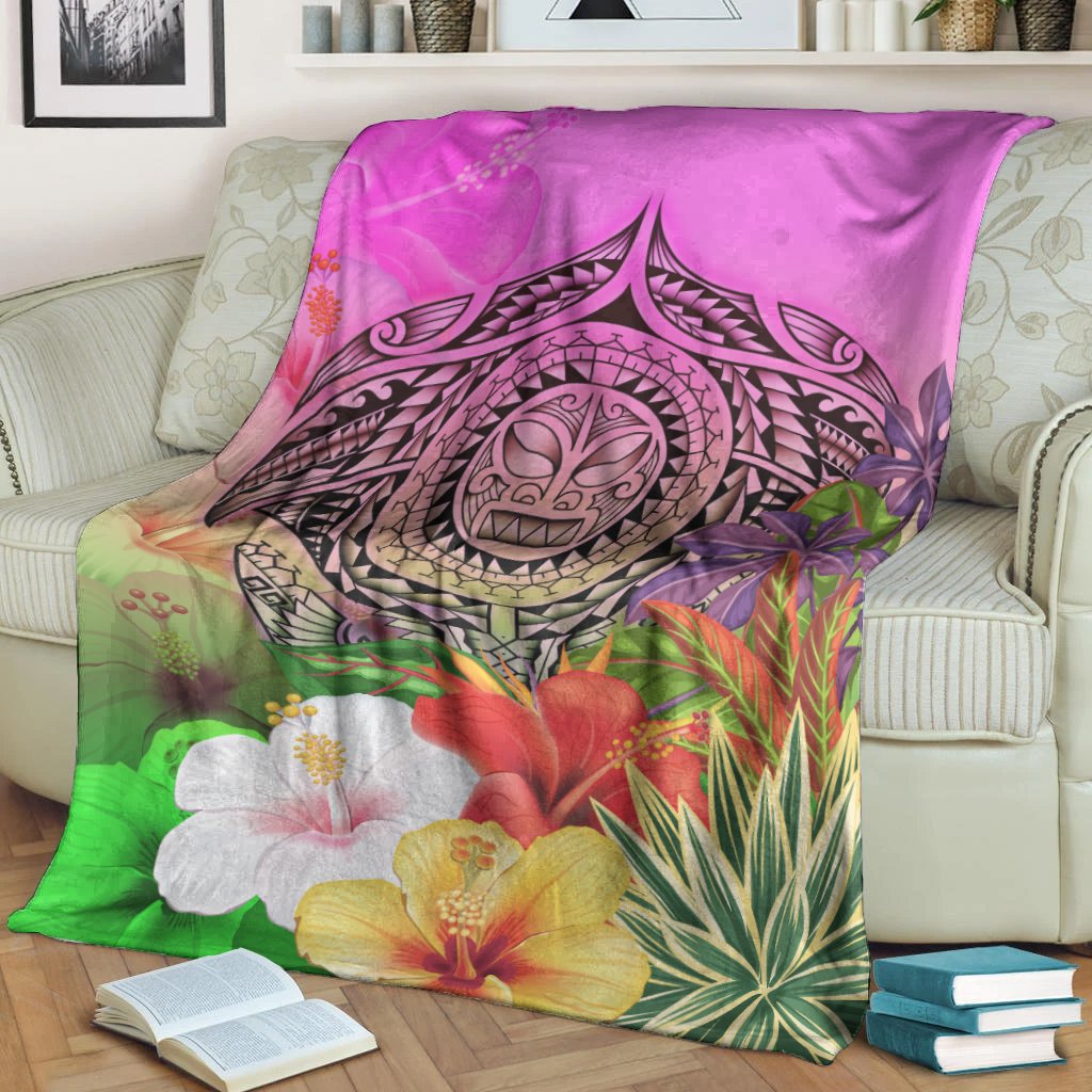 Polynesian Premium Blanket - Manta Ray Tropical Flowers - Polynesian Pride