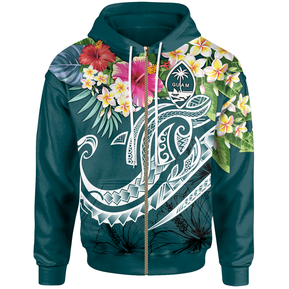 Guam Polynesian Zip up Hoodie Summer Plumeria (Turquoise) Unisex Turquoise - Polynesian Pride