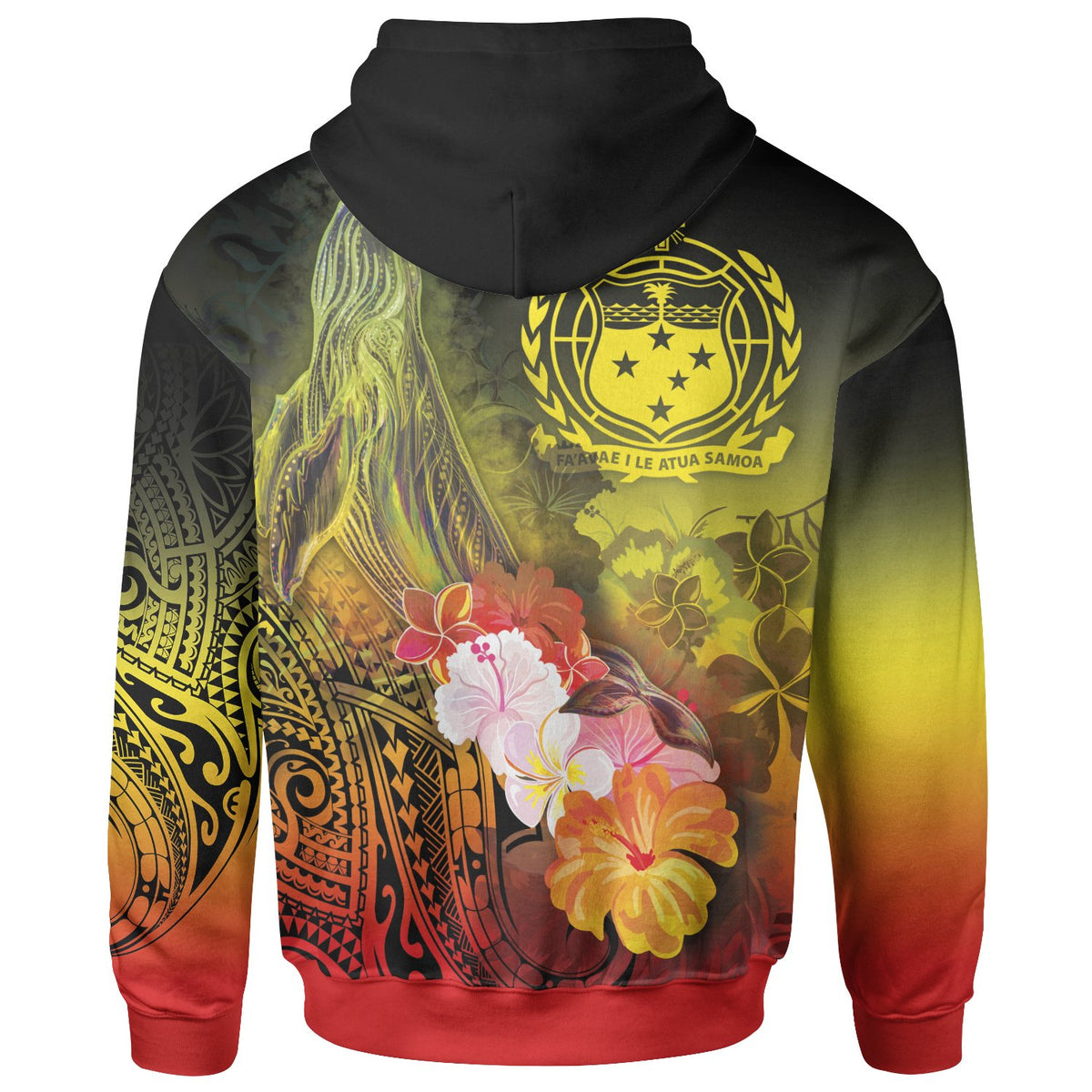 Custom Samoa Hoodie Humpback Whale with Tropical Flowers (Yellow) - Polynesian Pride