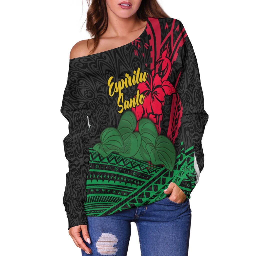 Vanuatu Espiritu Santo Women Off Shoulder Sweater - Kava With Hibiscus - LT12 - Polynesian Pride