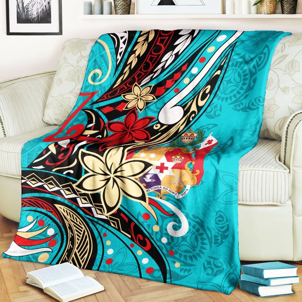 Tonga Premium Blanket - Tribal Flower With Special Turtles Blue Color - Polynesian Pride