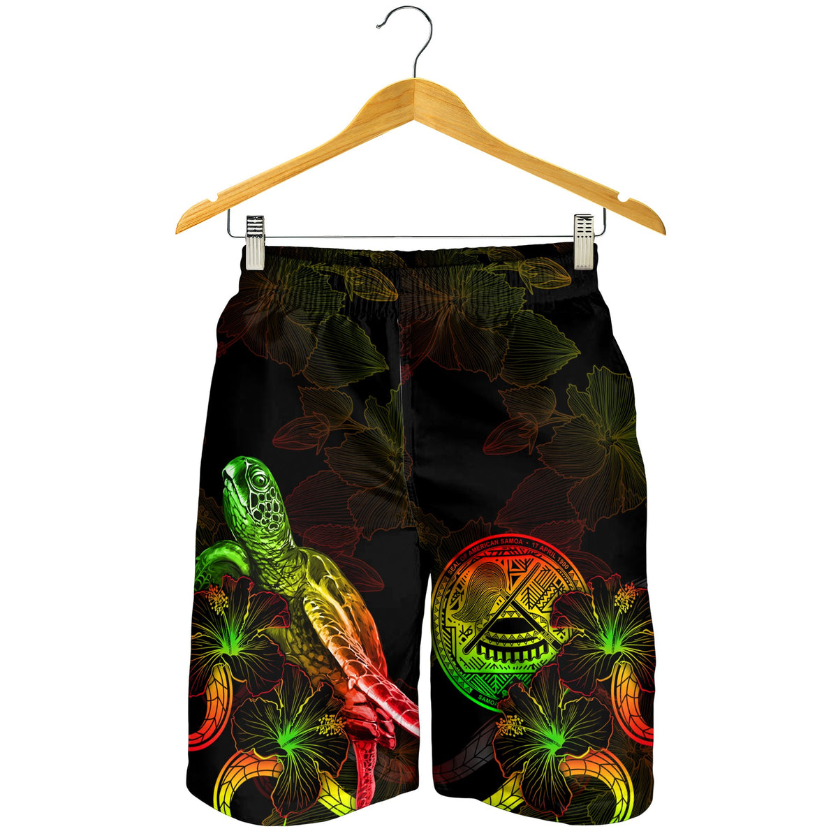 American Samoa Polynesian Men's Shorts - Turtle With Blooming Hibiscus Reggae - Polynesian Pride