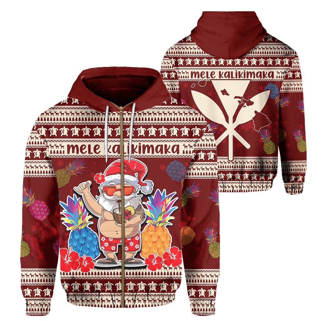 Hawaii Santa Claus Pineapple Pattern Hoodie Zip Dry Style Unisex Red - Polynesian Pride