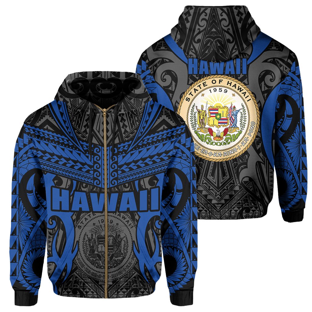 Hawaii Polynesian Tribal Coat of Arms Zipper Hoodie Blue Mark Style Unisex Blue - Polynesian Pride
