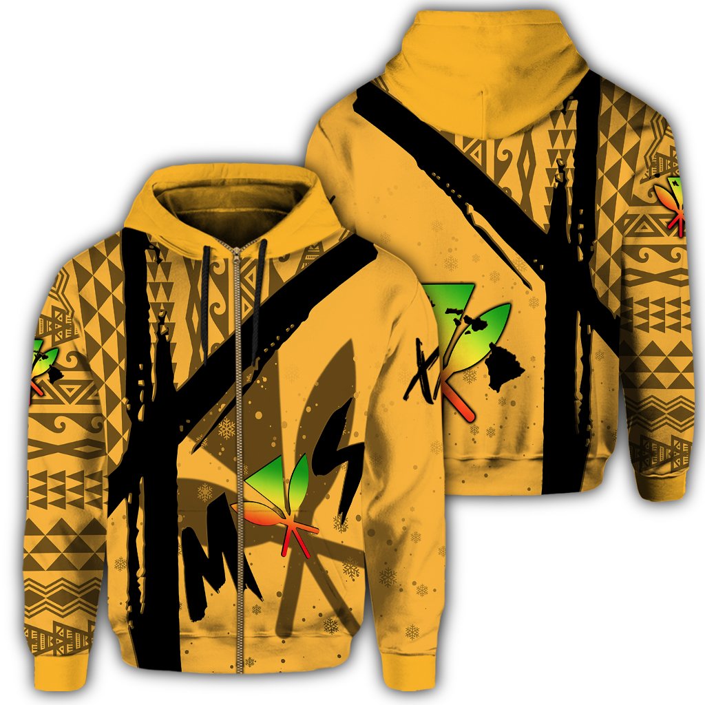 Hawaiian Map Kanaka Kakau Christmas Hoodie Zip X Style Unisex Yellow - Polynesian Pride