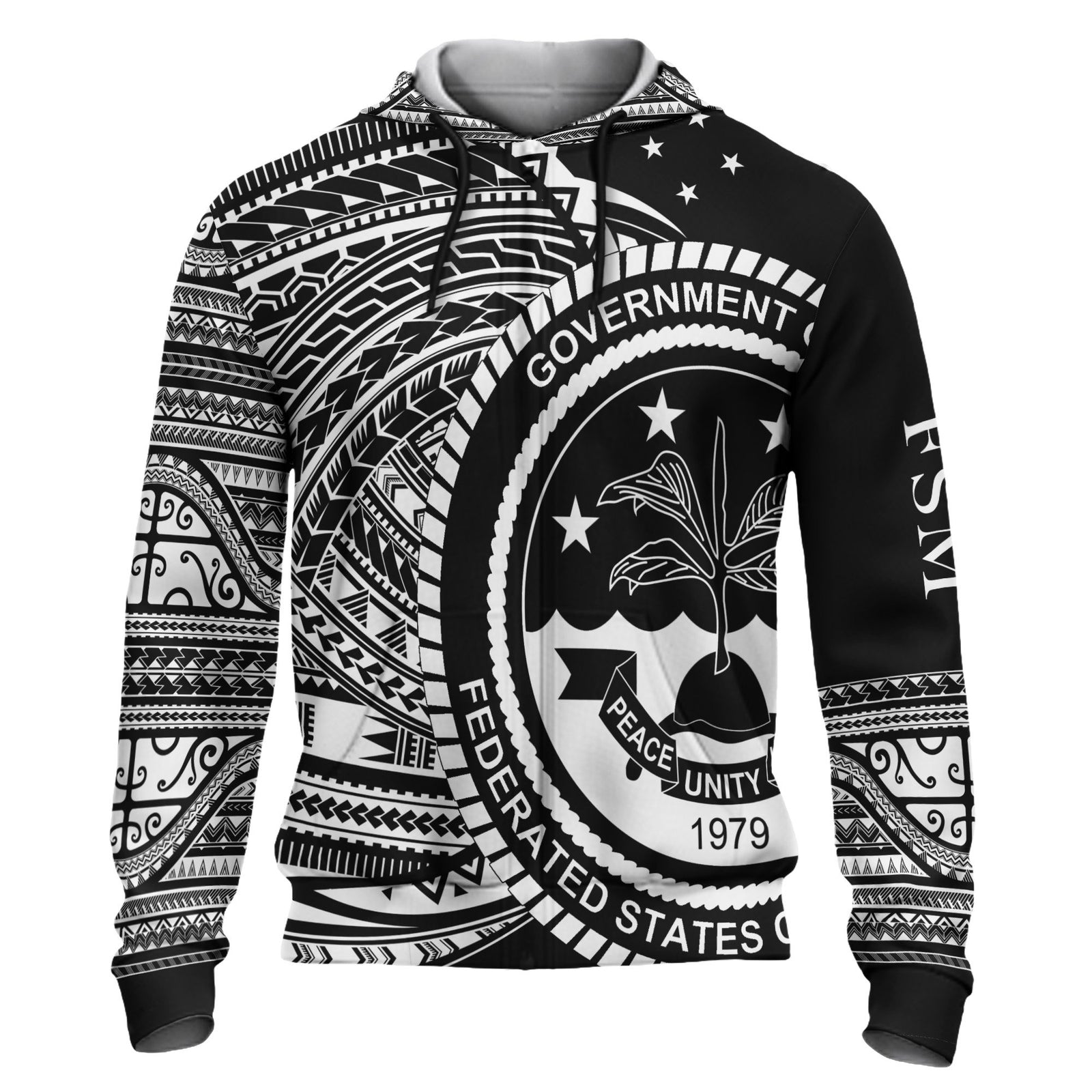 Federated States of Micronesia Hoodie Micronesia White Patterns With Coat of Arms Unisex Black - Polynesian Pride