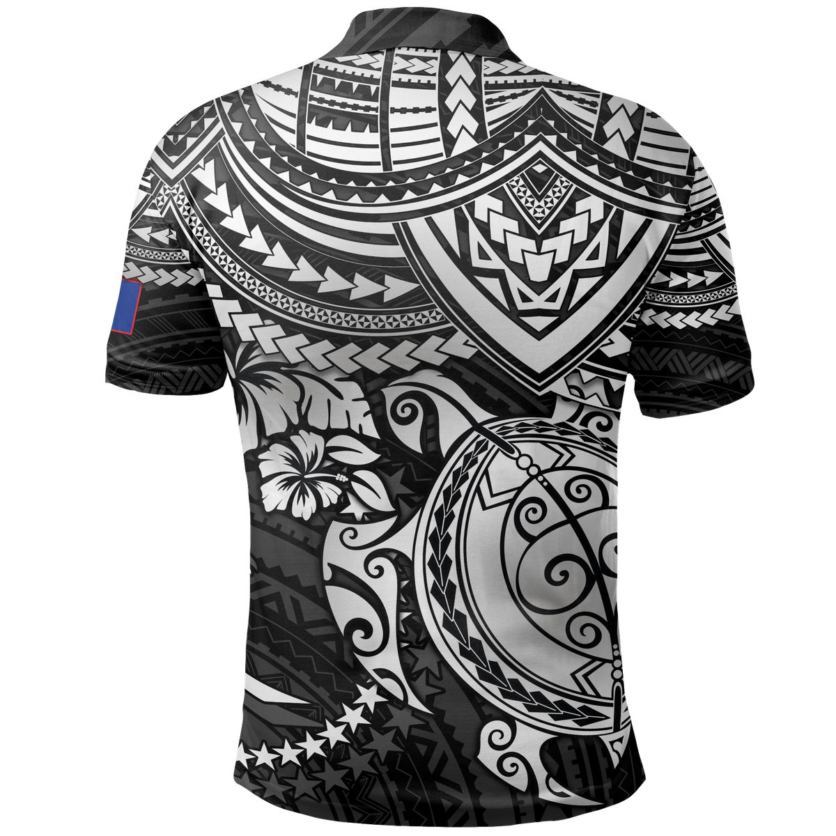 Chuuk Polo Shirt Chuuk FLag White Turtle Hibiscus (Black) - Polynesian Pride