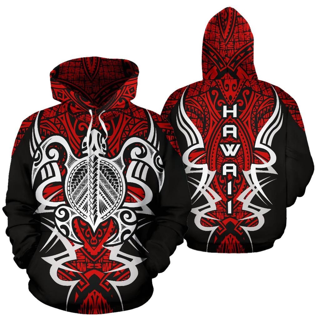 Hawaii Turtle Tribal Red Hoodie Armor Style Unisex White - Polynesian Pride