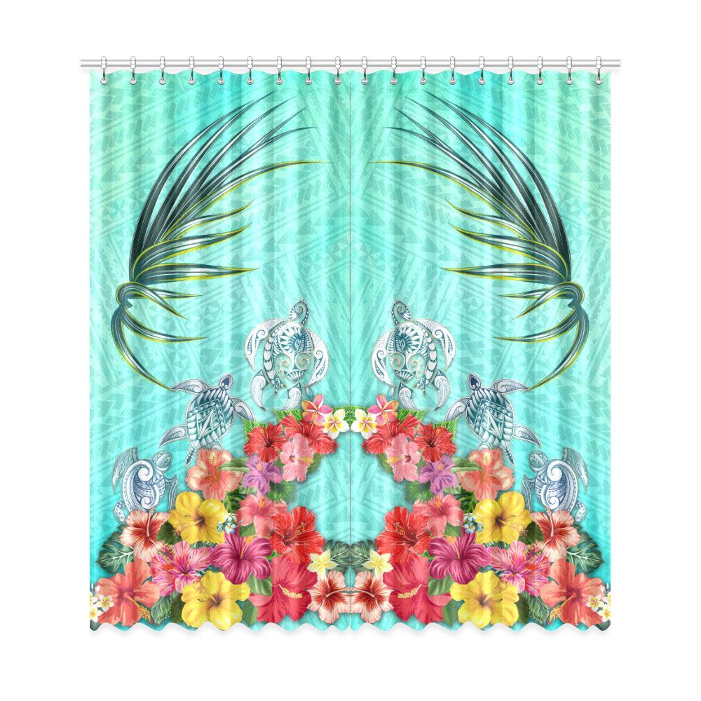 Three Turtle And Hibiscus Window Curtain( Two Piece) One Size 50"x108"(Two Piece) Turquoise - Polynesian Pride