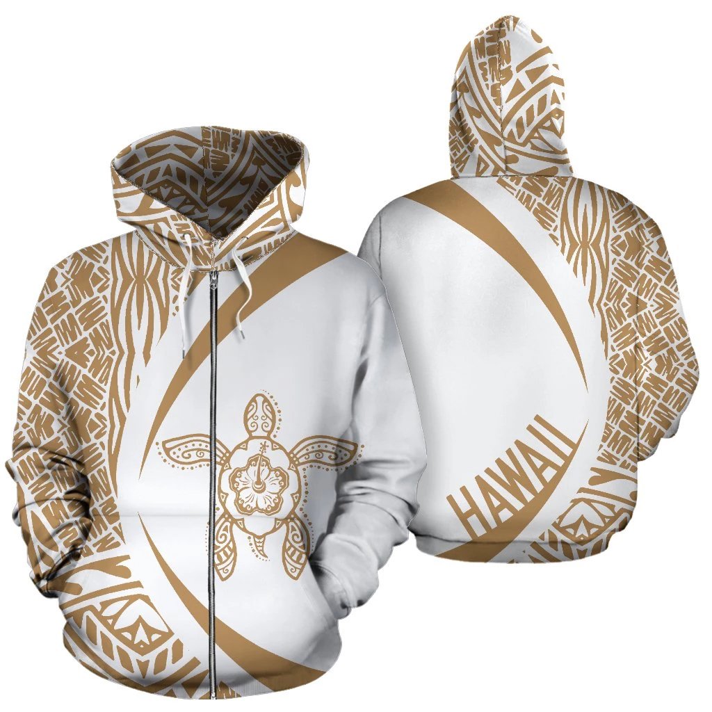 Hawaii Turtle Polynesian Zip up Hoodie Circle Style Golden and White Unisex Gold - Polynesian Pride