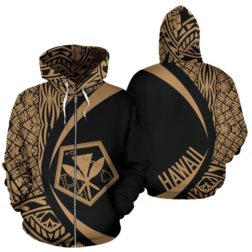 Kanaka Polynesian Zip up Hoodie Tribal Circle Style Golden Color Unisex Gold - Polynesian Pride