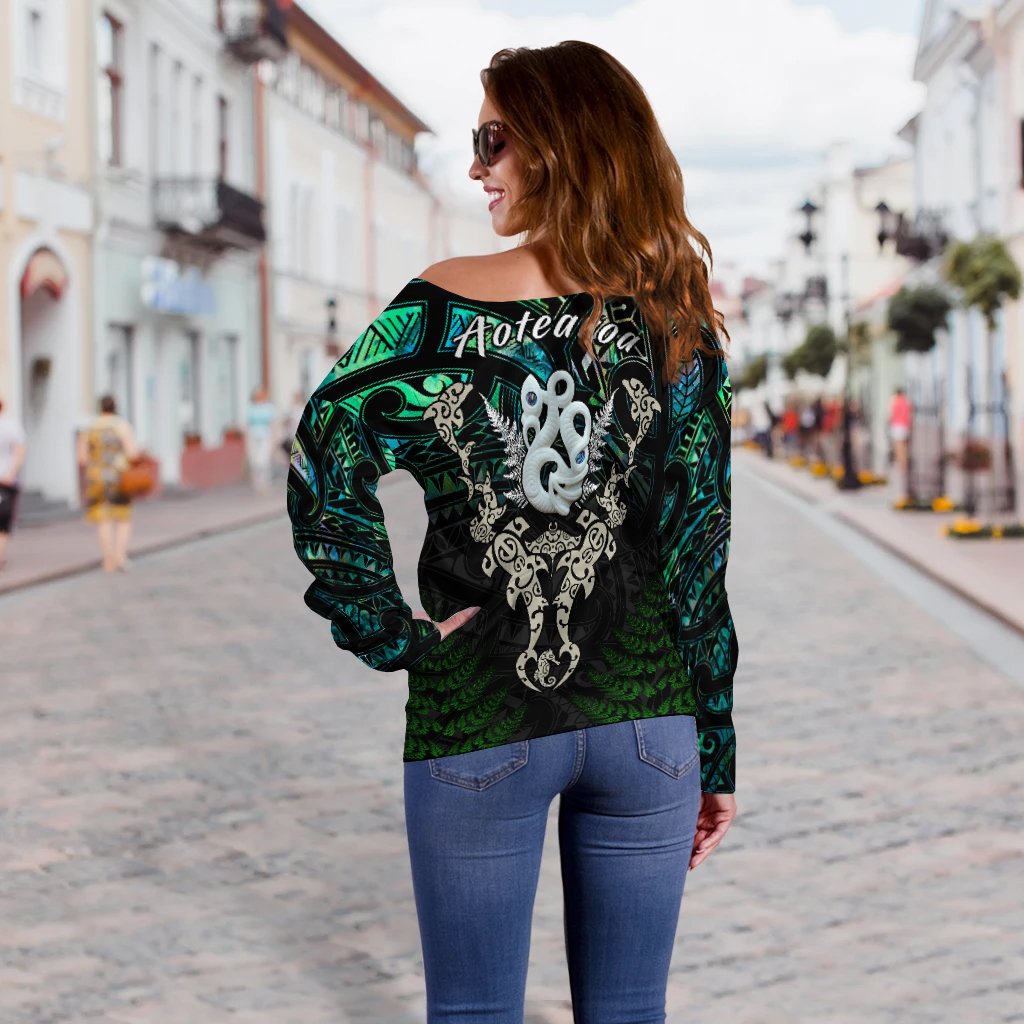 Aotearoa Paua Shell Off Shoulder Sweater Maori Manaia and Fish LT13 - Polynesian Pride