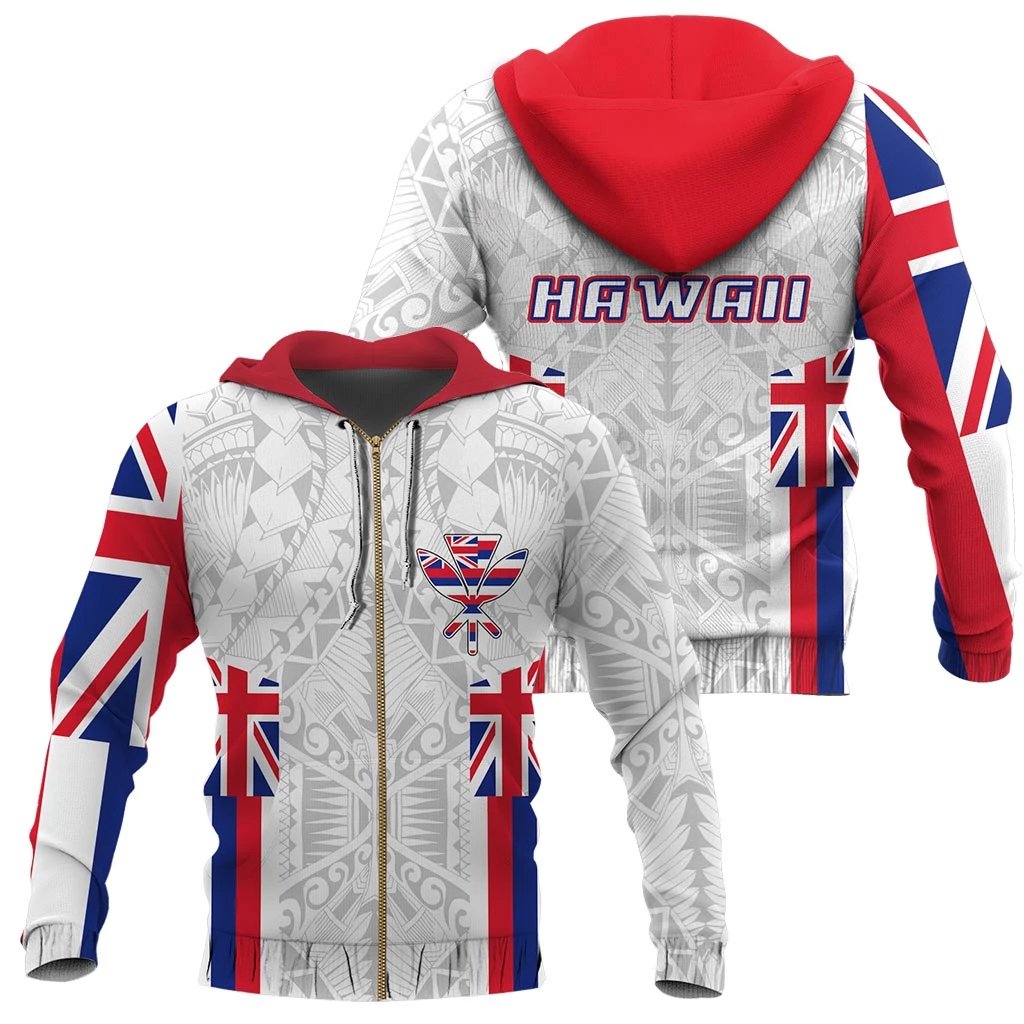 Hawaii Kanaka Flag Zipper Hoodie Unisex White - Polynesian Pride