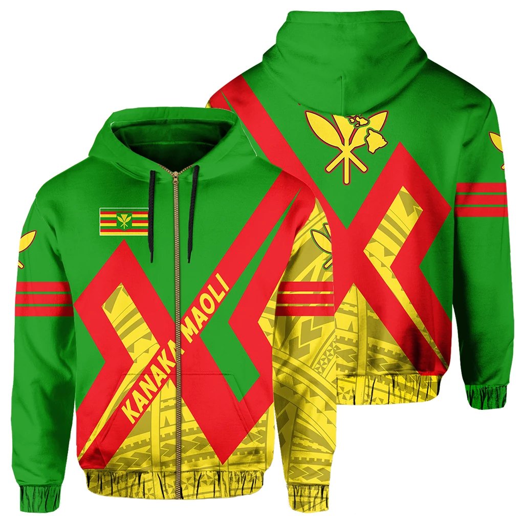 Kanaka Maoli Flag Polynesian Zipper Hoodie Cross Style Unisex Green - Polynesian Pride