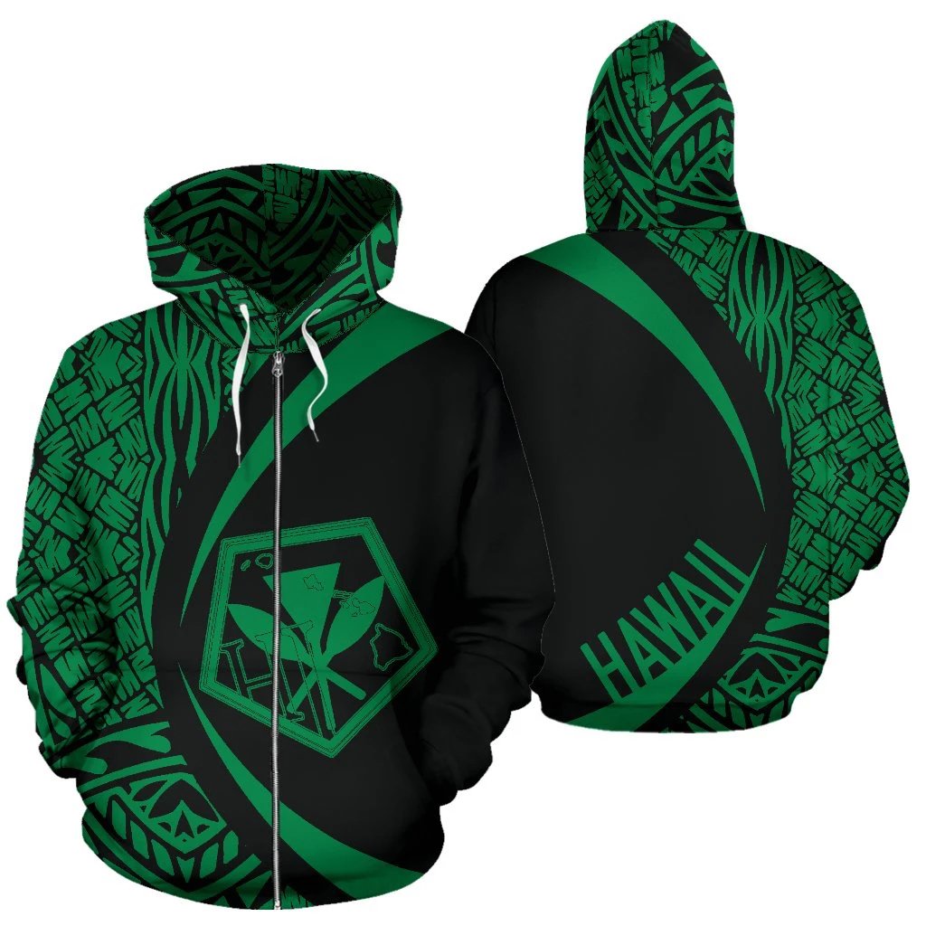 Kanaka Polynesian Zip up Hoodie Tribal Circle Style Green Color Unisex Green - Polynesian Pride