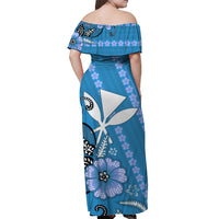 Hawaii Off Shoulder Long Dress Kakau Tribal Blue Batik Floral Ver.01 LT13 - Polynesian Pride