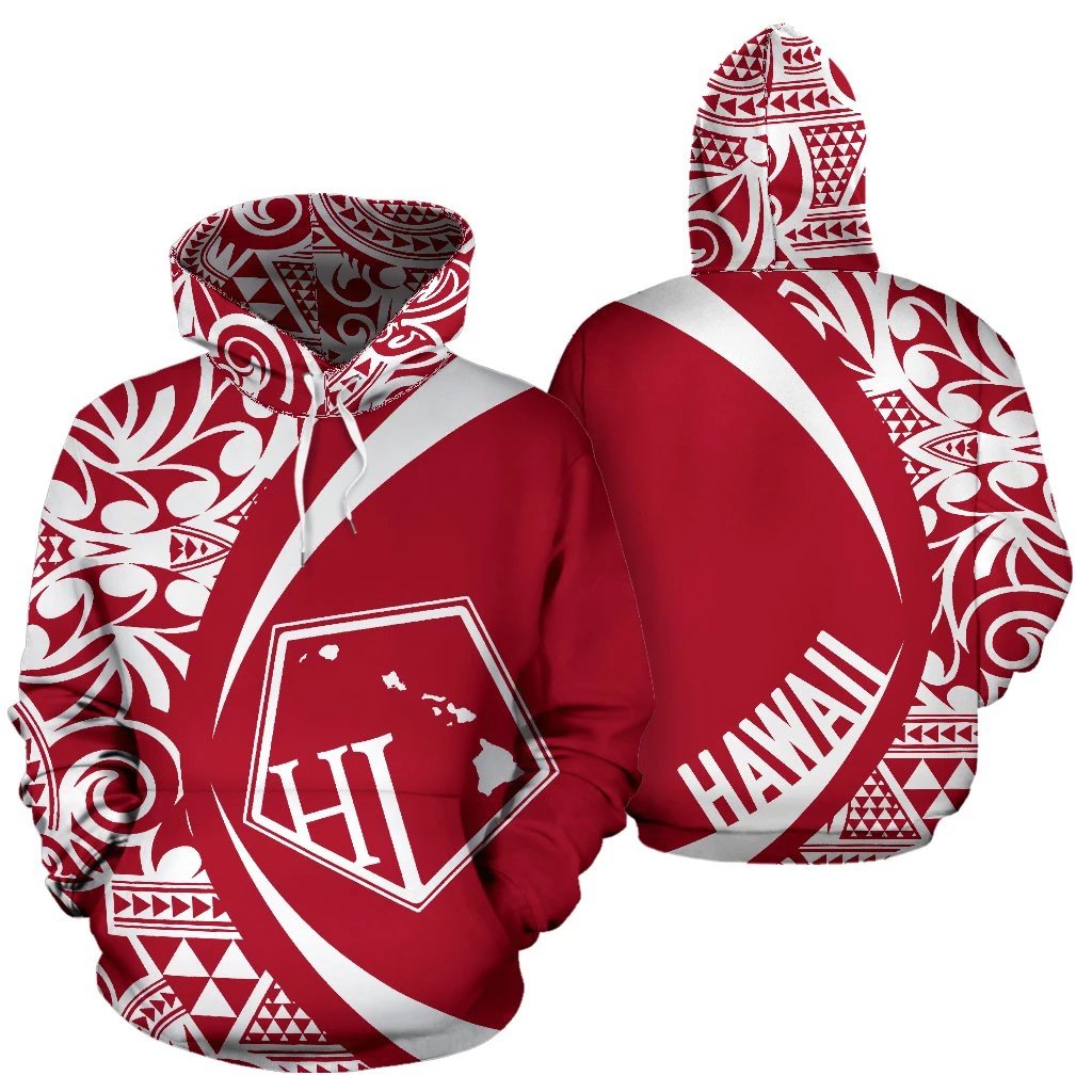 Hawaii Polynesian Tribal Hoodie Circle Style White and Red Color 2.0 Unisex Red - Polynesian Pride