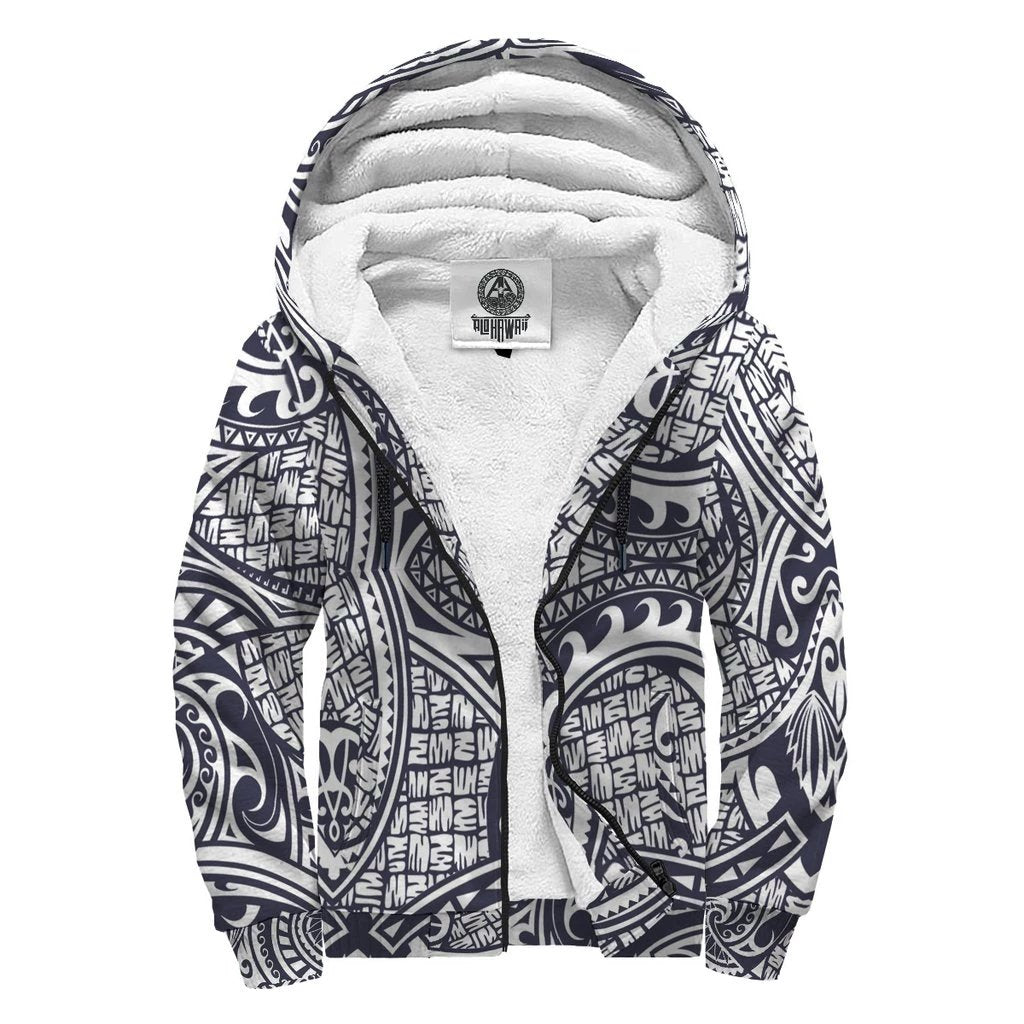 Hawaiian Pattern Sherpa Hoodie Black and White - Polynesian Pride