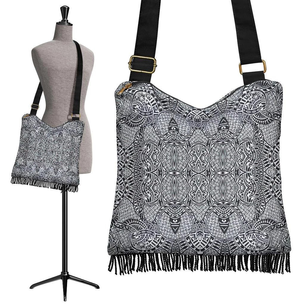 Polynesian Tribal Crossbody Boho Handbag Grey Crossbody Boho Handbag One Size Black - Polynesian Pride
