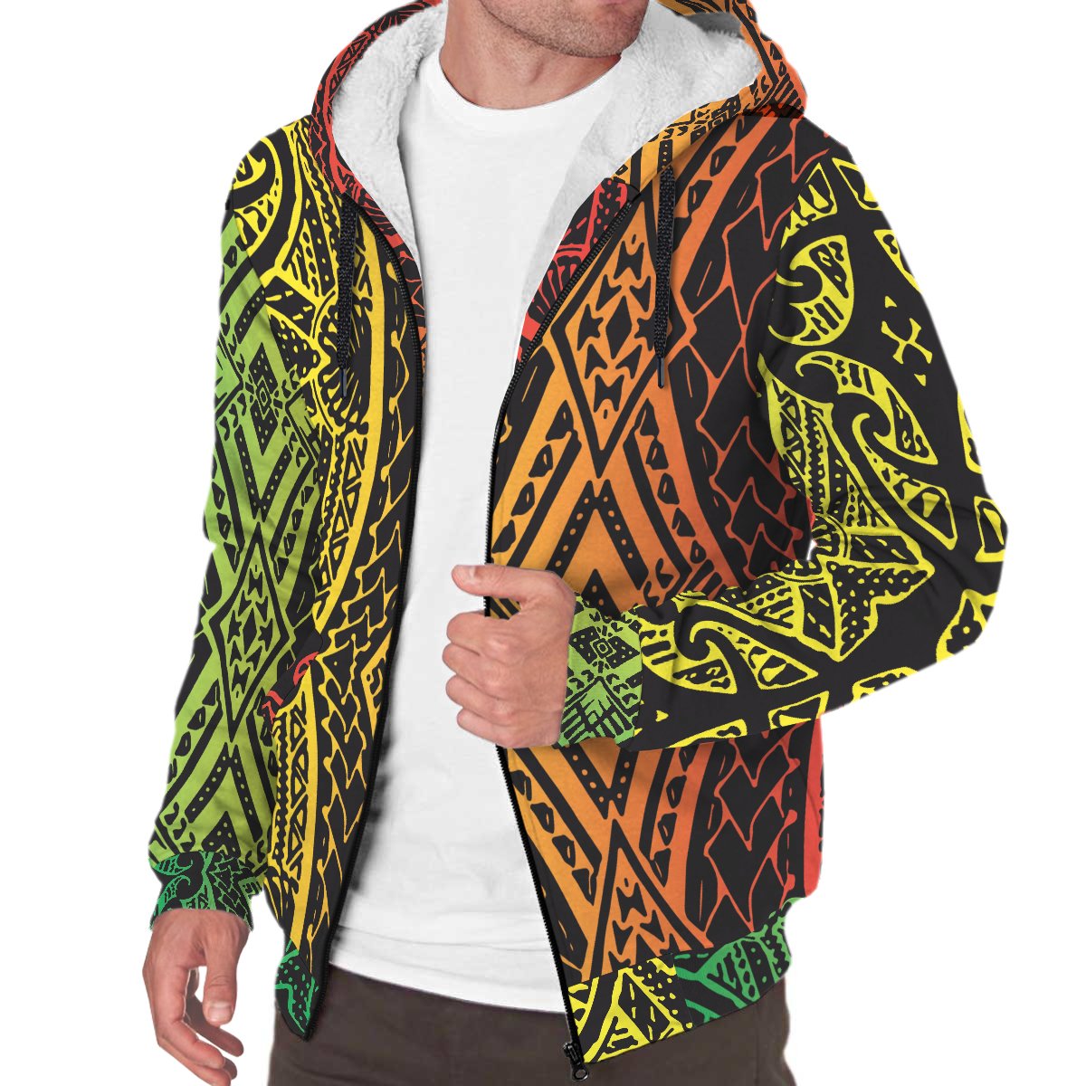 Polynesian Patterns Sherpa Hoodie - Reggae Color Style 01 White - Polynesian Pride