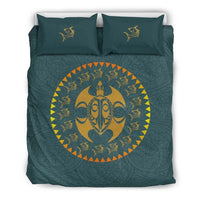 Hawaiian Shark Turtle Trible Mask Polynesian Bedding Set Gold Black - Polynesian Pride