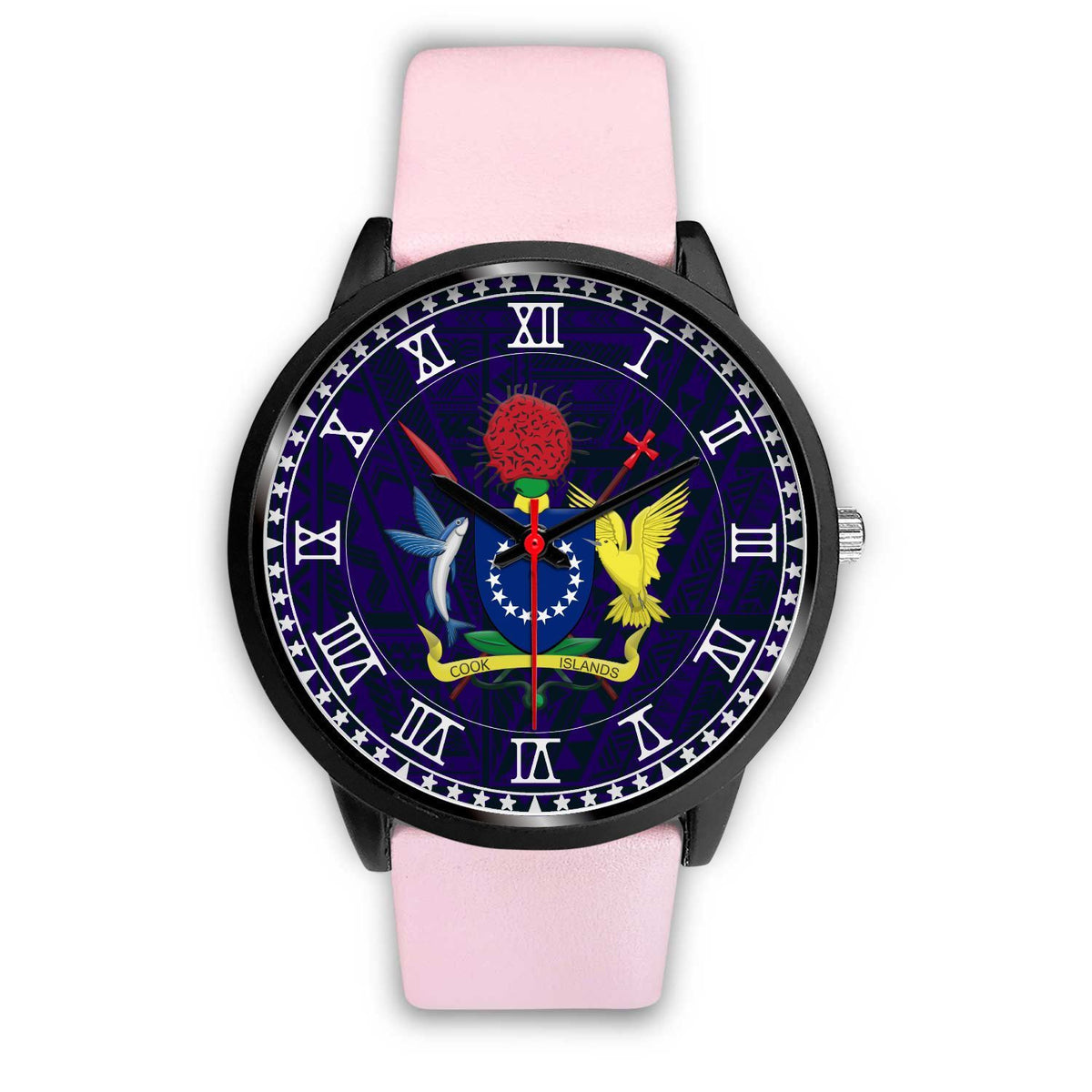 Cook Islands Coat Of Arms Black Watch Pink Leather Genuine Leather - Polynesian Pride