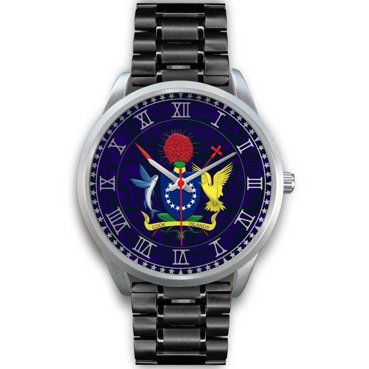 Cook Islands Coat Of Arms Silver Watch Black Metal Link Silver - Polynesian Pride