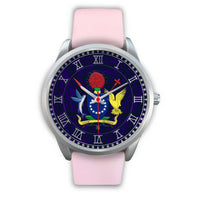 Cook Islands Coat Of Arms Silver Watch Pink Leather Silver - Polynesian Pride