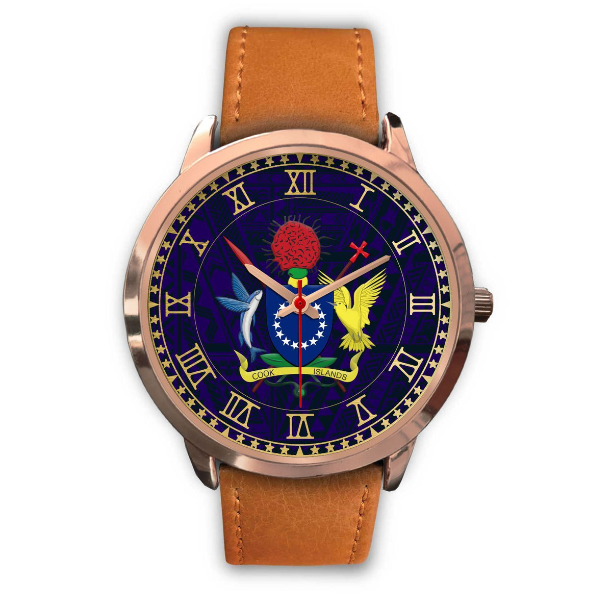 Cook Islands Coat Of Arms Rose Gold Watch Brown Leather Gold - Polynesian Pride