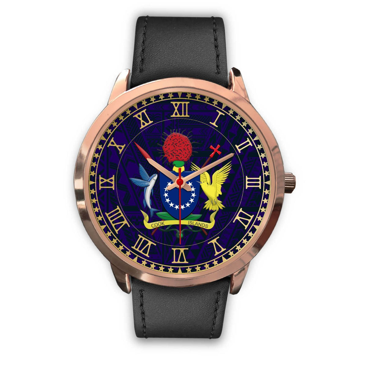 Cook Islands Coat Of Arms Rose Gold Watch Black Leather Gold - Polynesian Pride