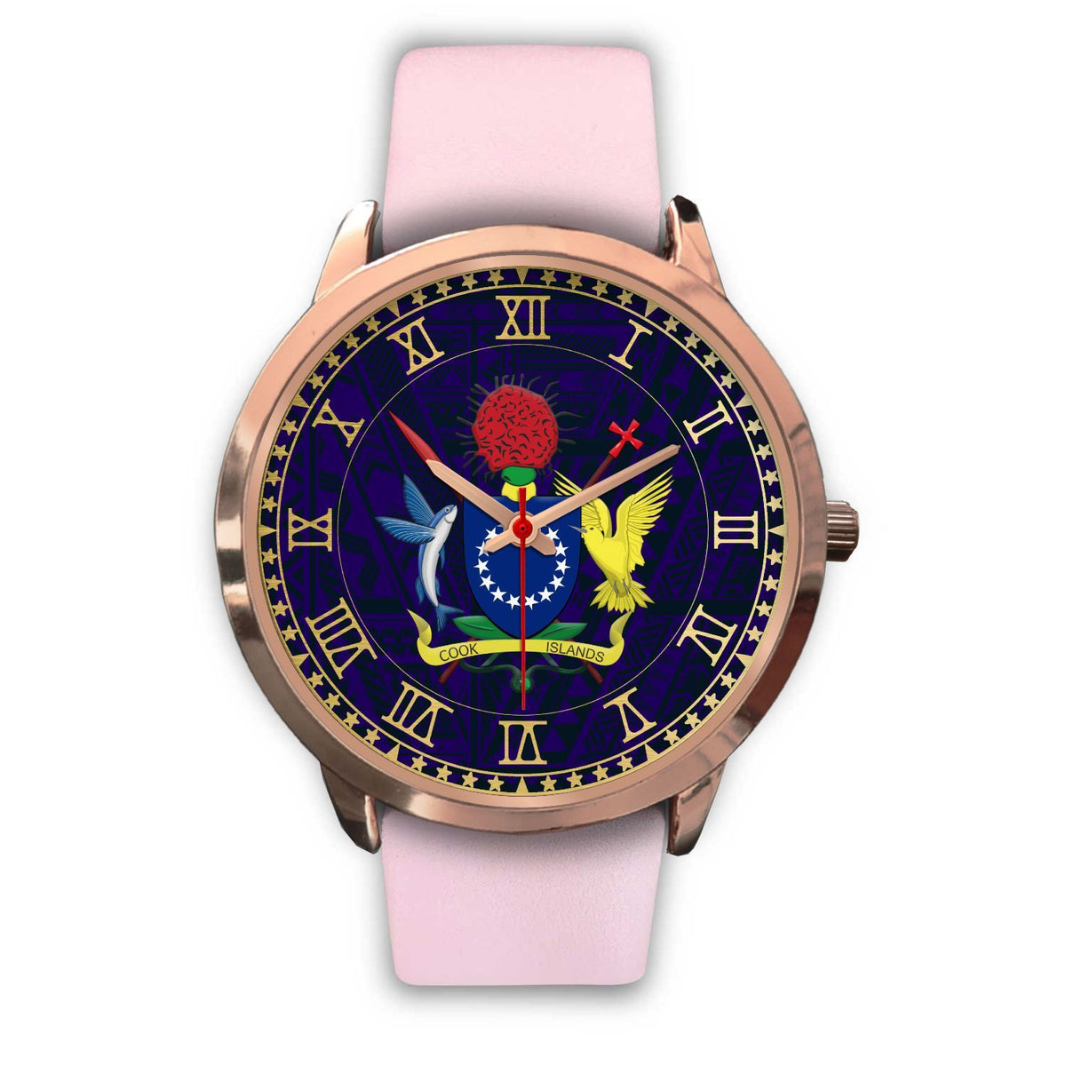 Cook Islands Coat Of Arms Rose Gold Watch Pink Leather Gold - Polynesian Pride
