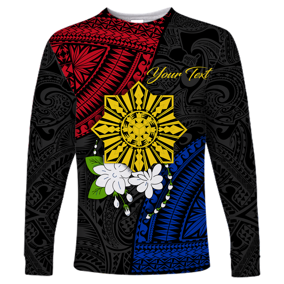 (Custom Personalised) Philippines Sampaguita Filipino Sun Long Sleeve Shirt - LT12 Unisex Black - Polynesian Pride