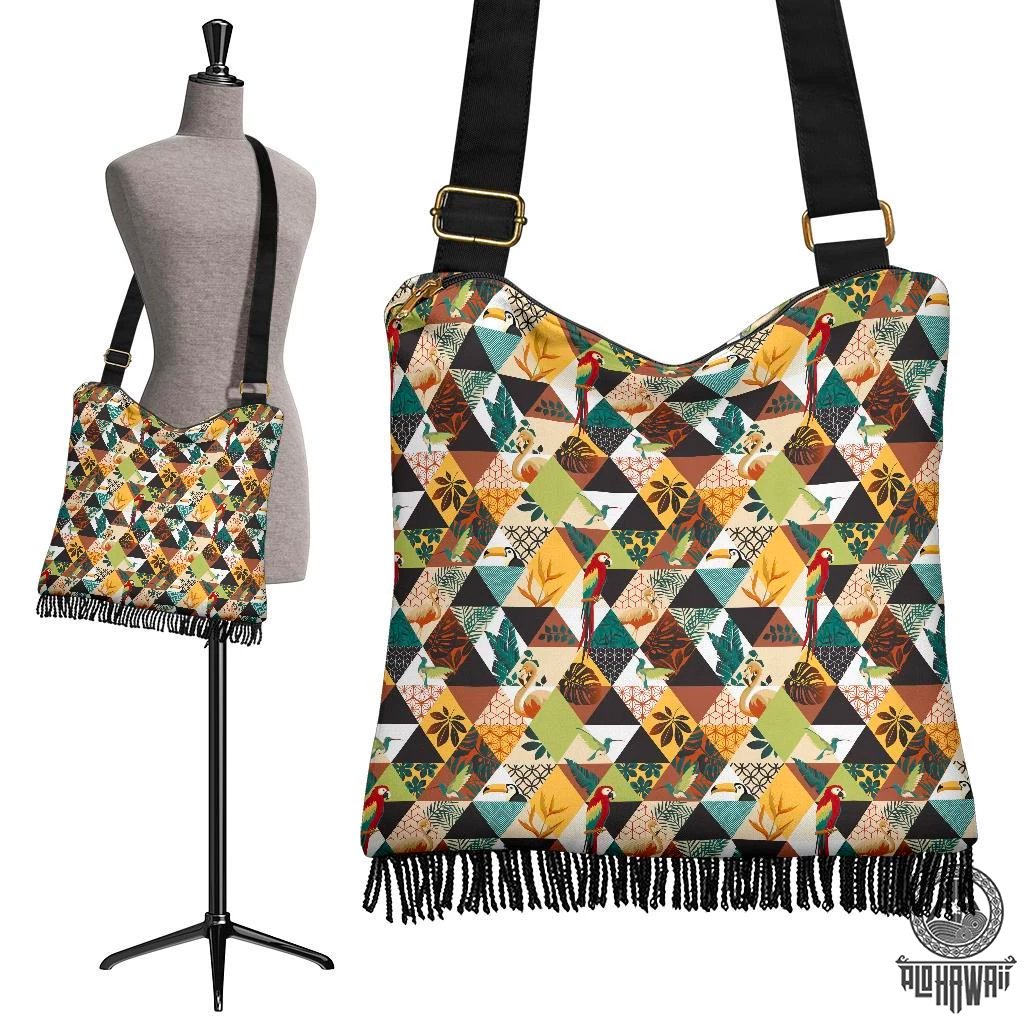 Hawaii Tropical Jungle Parrots And Flamingos Pattern Crossbody Boho Handbag Crossbody Boho Handbag One Size Yellow - Polynesian Pride