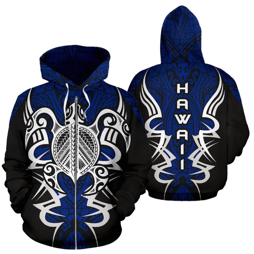 Hawaii Turtle Tribal Blue Zip up Hoodie Armor Style Unisex Blue - Polynesian Pride