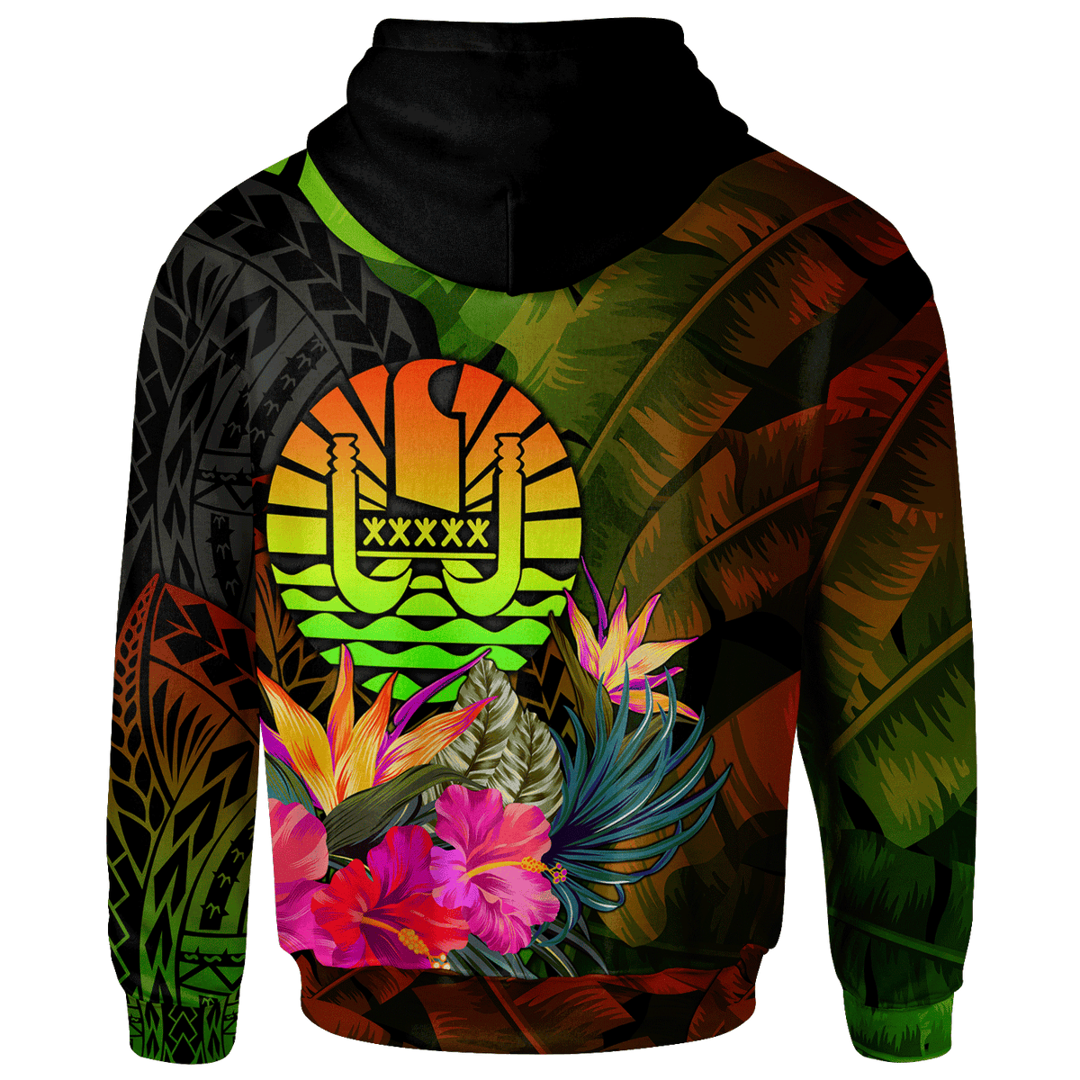 Tahiti Polynesian Hoodie Hibiscus and Banana Leaves - Polynesian Pride
