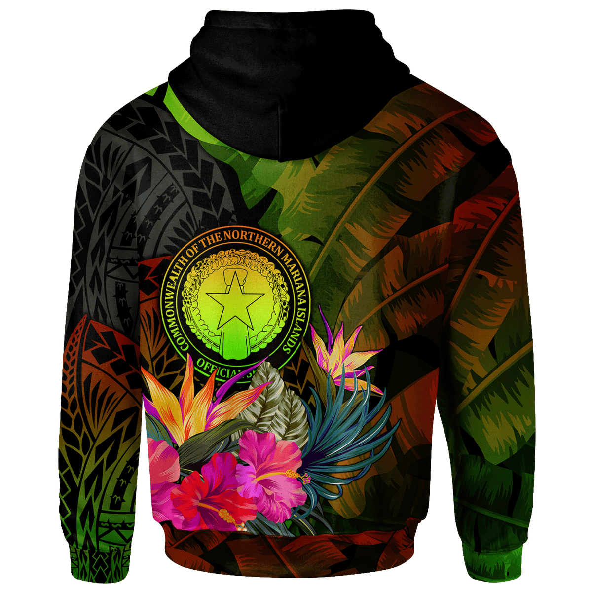Northern Mariana Islands Polynesian Zip up Hoodie Hibiscus and Banana Leaves - Polynesian Pride
