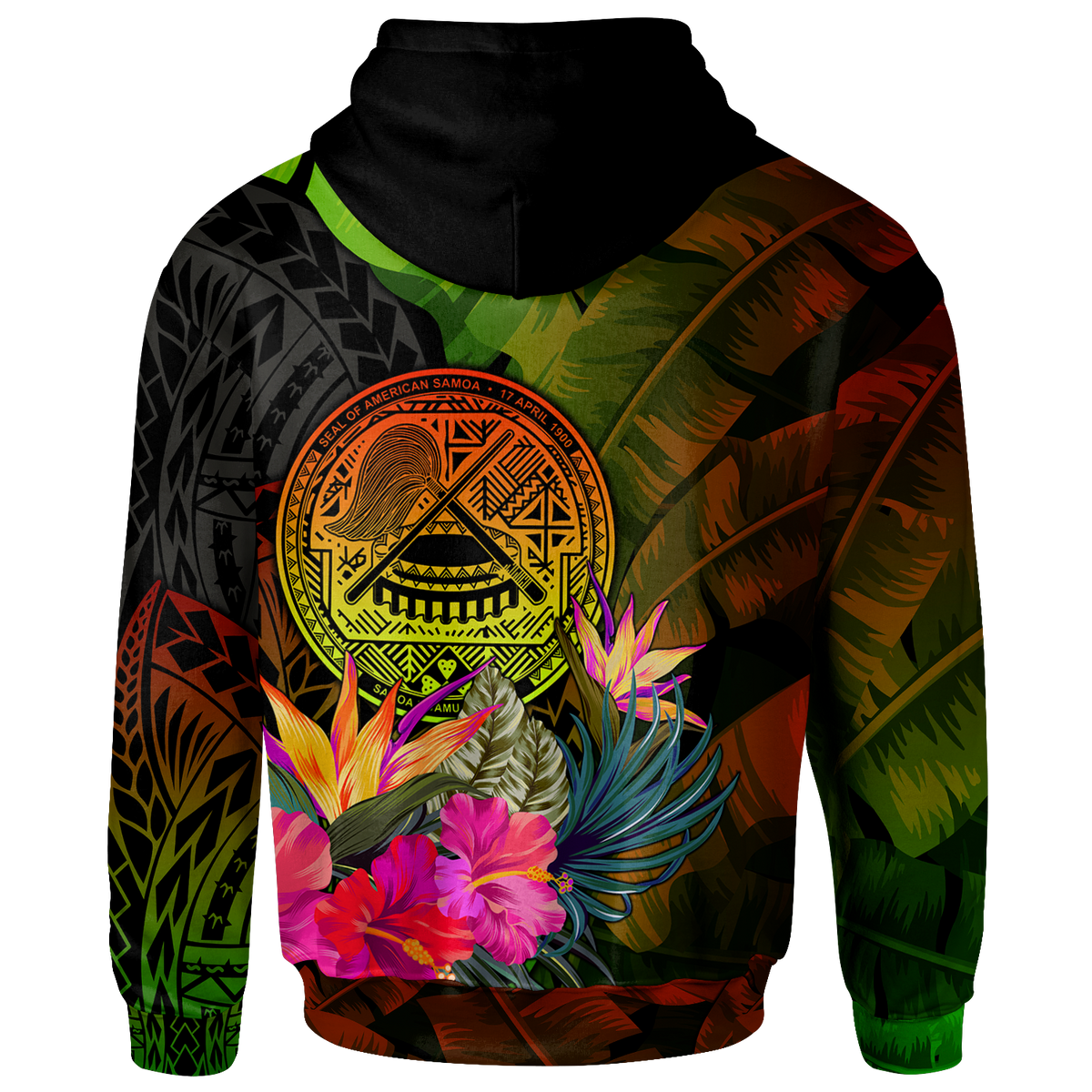 American Samoa Polynesian Hoodie Hibiscus and Banana Leaves - Polynesian Pride